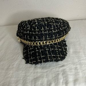 Juicy Couture Tweed Plaid Black/ Gold Newsboy Cap With Chain OS